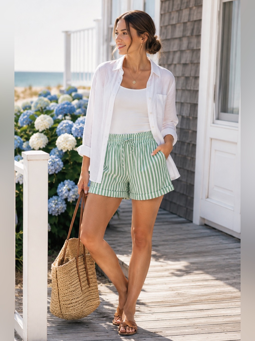 Universal Thread M Green White Striped Linen Blend Pull On Shorts